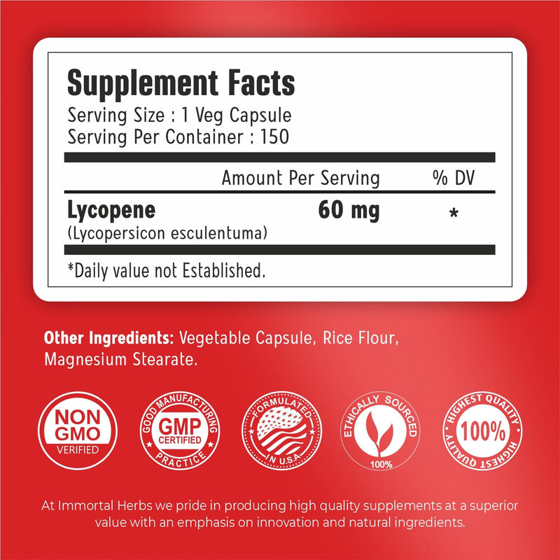 [Australia] - Lycopene Supplement for Men 60mg, 150 Capsules, Natural Tomato Extract Powder for Skin, Heart & Immune Support, 100% Veg Lycopene Complex, Non-GMO and Gluten Free Carotenoid Supplement 