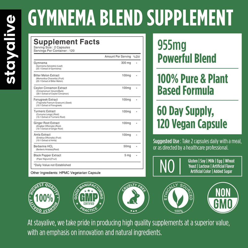 [Australia] - STAY ALIVE Gymnema Sylvestre 25:1 Extract, 120 Capsules with Bitter Melon, Ceylon Cinnamon, Berberine, Turmeric, Ginger, Amla Powder and Fenugreek, Non-GMO & Gluten Free Gymnema Sylvestre Supplement 