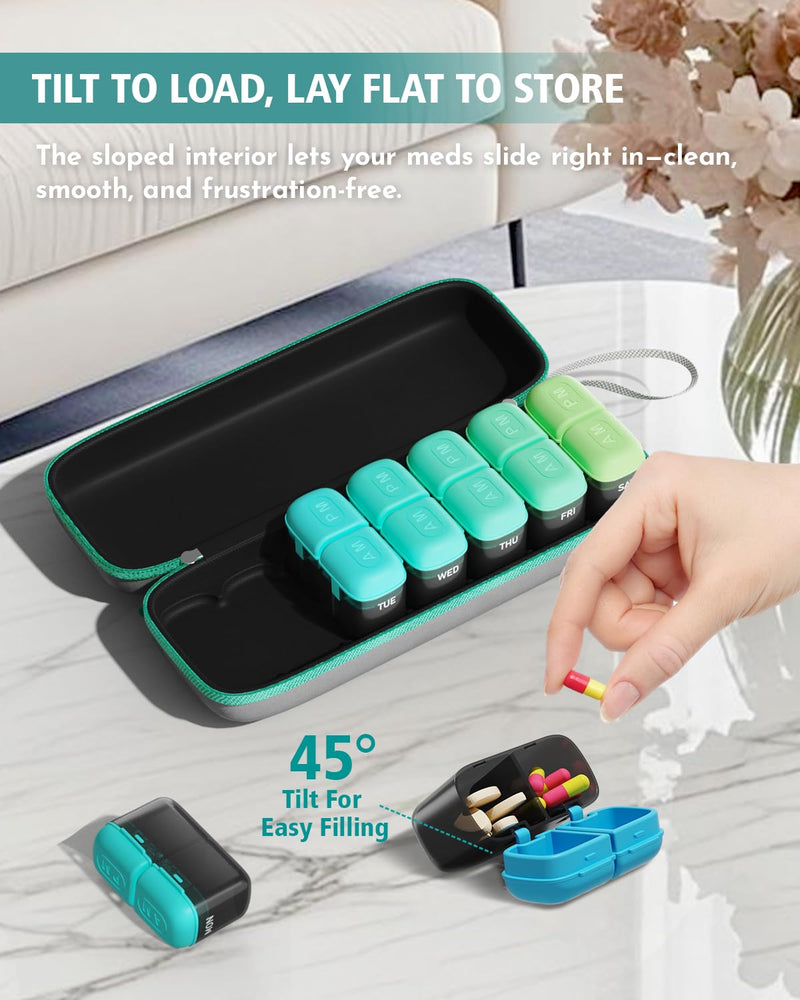 Weekly Pill Organizer 2 Times a Day, 7 Day Travel Medicine Pill Organizer with Moisture-Proof Silicone Lid, AM PM Daily Pill Box for Vitamins & Supplements, Aesthetics Pill Case(Green) Green