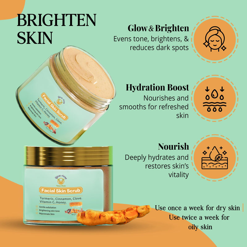 Glow-Rious Turmeric Face Scrub with Vitamin C & Honey - Gentle Exfoliating Facial Scrub for Skin & Even Tone - with Cinnamon & Clove - 100g/3.52oz
