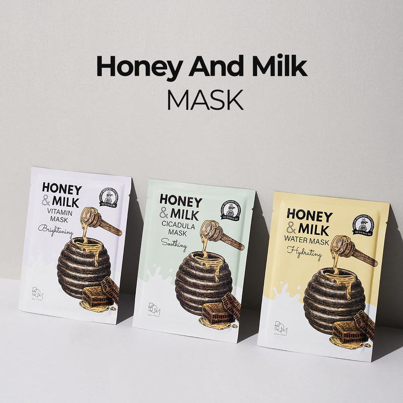 BOM COSMETICS Honey & Milk Vitamin Mask 10ea 0.84 oz Deep Hydration, Sensitive Skin Friendly Hypoallergenic Sheet Mask With Honey & Milk Extract & 13 Vitamins, Korean Skincare Face Mask