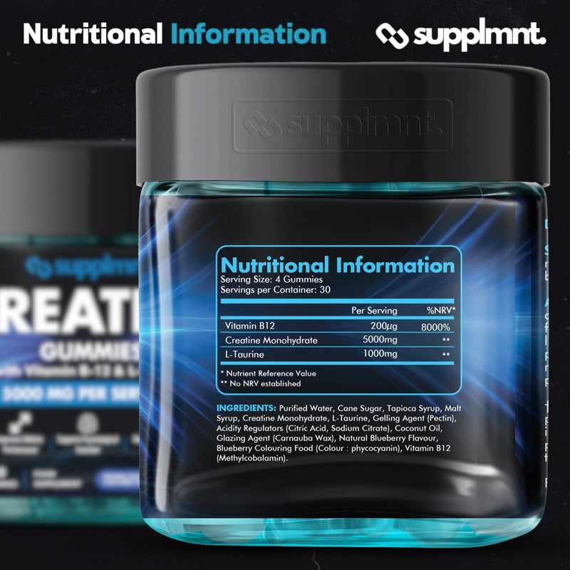 Supplmnt. Creatine Gummies 5000mg Lab-Tested 120ct Max Strength Muscle Growth/Recovery Supplements for Men & Women Creatine Monohydrate B12 & L-Taurine Vegan Gym Pre Workout Gummies, Blueberry