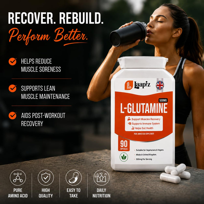 L Glutamin 500mg 90 Capsules | Glutamin Amino Acid Supplement | L-Glutamine 90 Vegan Capsules | UK Made GMP Certified | Daily Amino Acid Capsules | Laapiz
