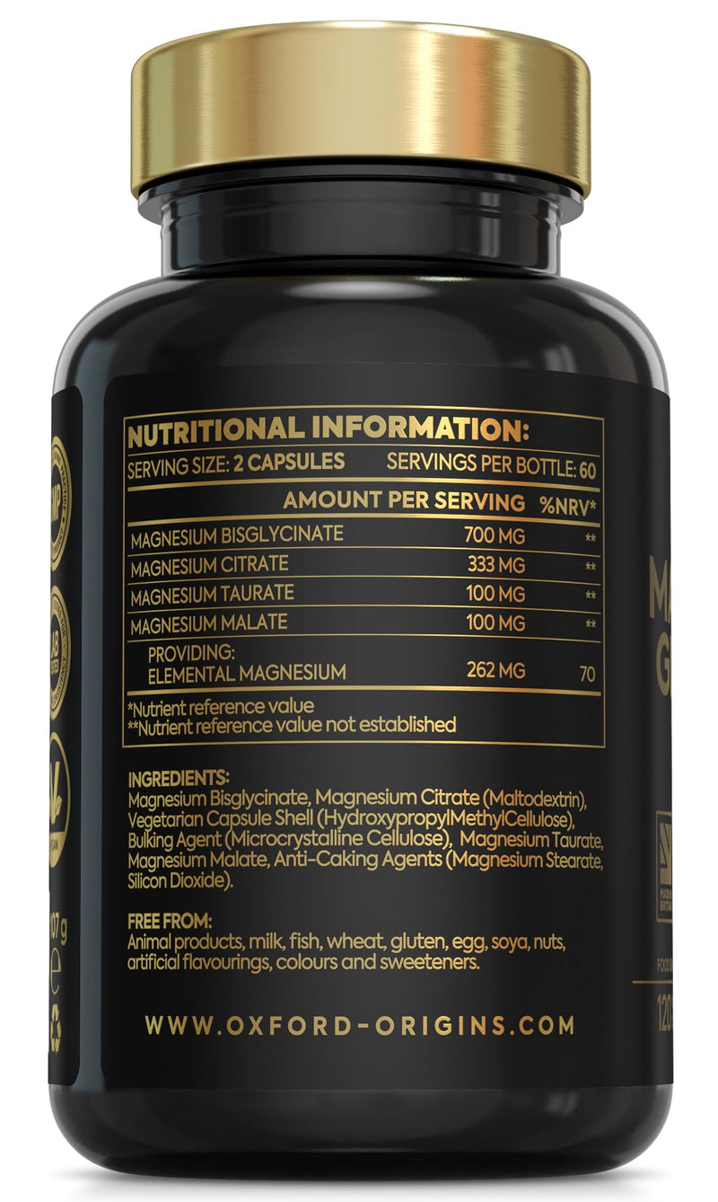 Advanced Magnesium Glycinate 4-in-1 Complex | Made in The UK | 1233mg of Mag Bisglycinate, Citrate, Malate & Taurate | Magnesium Supplements | More Varieties, More Benefits | 120 Capsules Magnesium 4-in-1 120 count (Pack of 1)