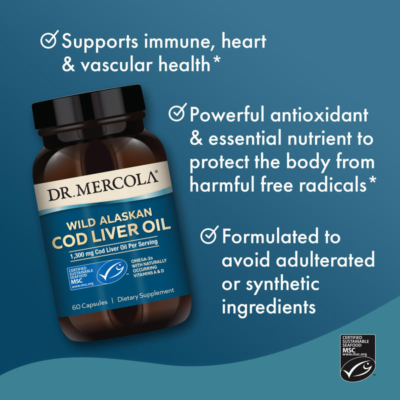 [Australia] - Dr. Mercola Cod Liver Oil, 1,300 mg Per Serving, 30 Servings (60 Capsules), Dietary Supplement, Supports Brain, Bone and Joint Health, Non-GMO, MSC Certified 
