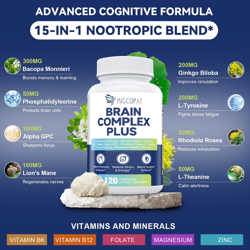 2-Pack Brain Supplements for Memory and Focus | Nootropic with Bacopa Monnieri, Lion's Mane, Alpha GPC, Ginkgo Biloba | Mental Clarity & Cognitive Support | Vitamin B6 & B12 Neuro Health 240 Count (Pack of 1)
