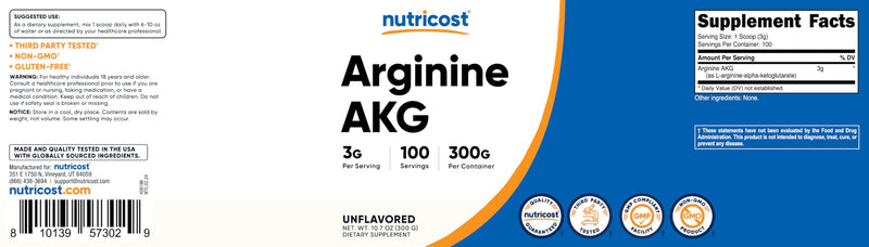 Nutricost Arginine AKG Powder 300 Grams (AAKG) - 3G Per Serving & 100 Servings - Pure Arginine Alpha Ketoglutarate Unflavored 100 Servings (Pack of 1)