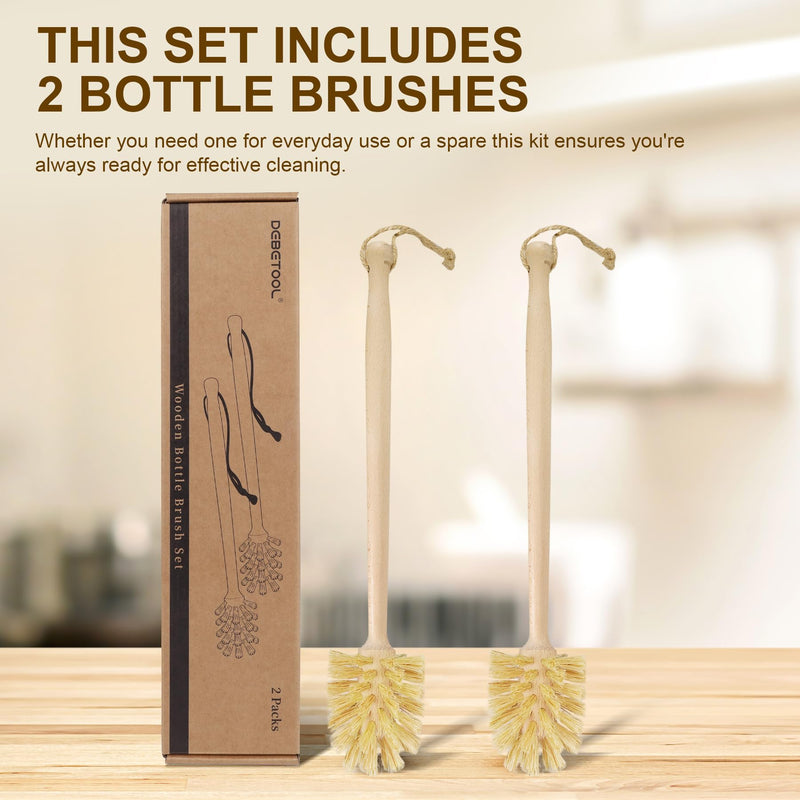 [Australia] - 2-Pack Natural Wooden Bottle Brush with Sisal Bristles, Long Handle Bottle Brush Cleaner for Wide Mouth Jars, Water Bottles, Cups, Glasses, Baby Bottles (Non-Scratch) 