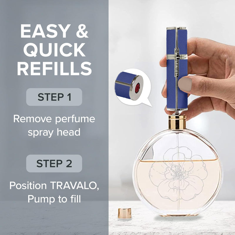 Travalo Milano Perfume Atomizer - Leak-Proof and TSA Approved for Air Travel - Reusable, Airtight, Easy Fill Mini Pump Sprayer - Lightweight, Vegan Leather with Polished Metal Outer Shell - Blue