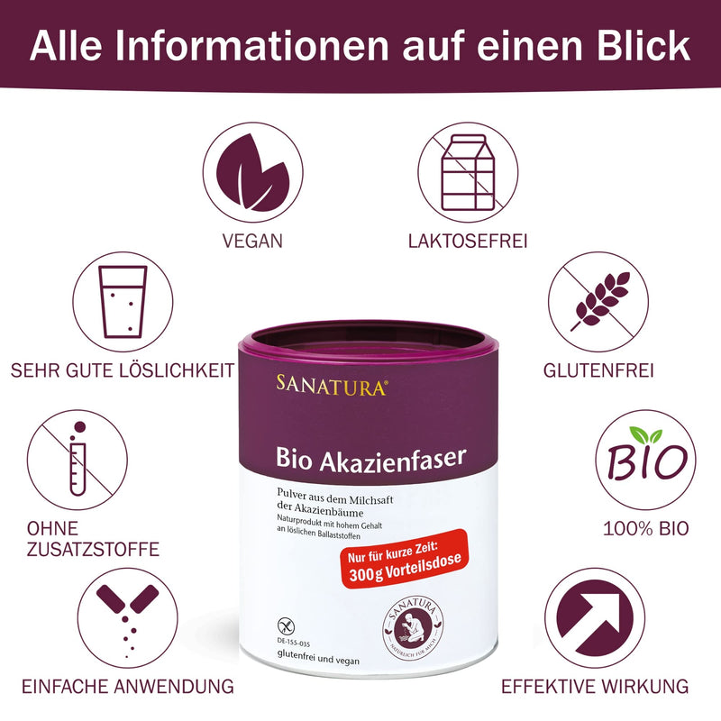 [Australia] - Sanatura acacia fiber powder organic - 300 g - valuable source of fiber from acacia fibers - soluble fiber - vegan, gluten-free and fructose-free - well tolerated 
