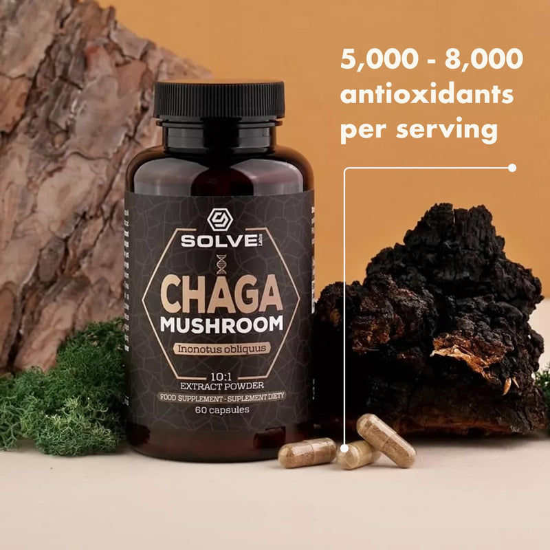 ● Premium Siberian Chaga Mushrooom Capsules ● 10% Beta-D-Glucans ● 10:1 Concentrate ● No Fillers & Additives ● 60 Capsules ● 1 Month Supply