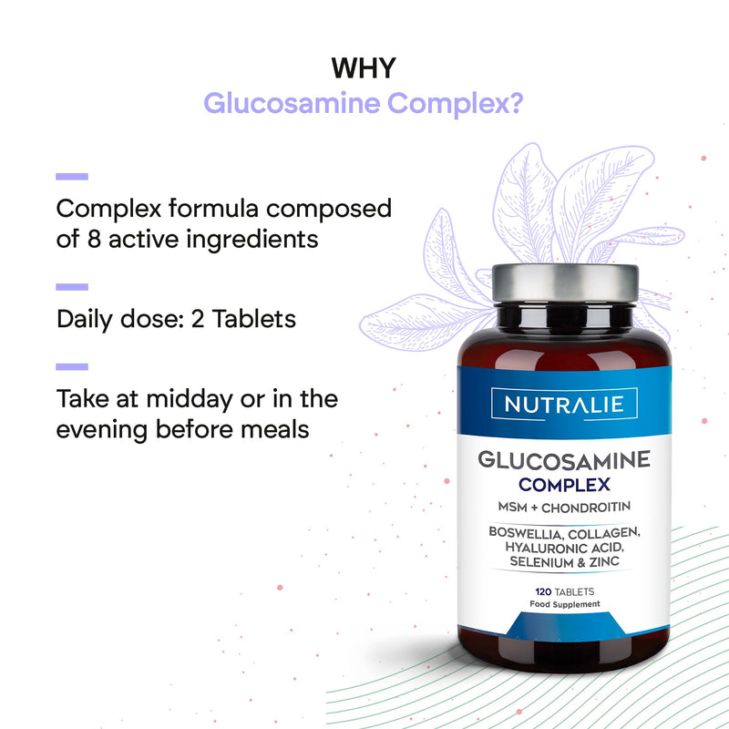 Glucosamine and Chondroitin MSM, Collagen, Hyaluronic Acid, Boswellia, Selenium and Zinc - 120 Tablets Glucosamine Complex Nutralie 120 count (Pack of 1)