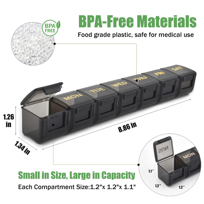 2 Pack Weekly Pill Organizer, Large 7 Day Pill Case, Daily Vitamin Case Medicine Box, AM/PM Pill Containers for Medicine Supplements Fish Oil (Black & Black) Black & Black