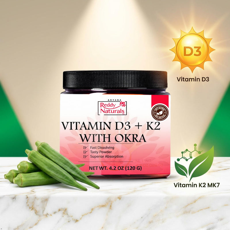 Reddy Naturals Vitamin D3 K2 MK7 Powder with Okra 120g | Vitamin D3 4000 IU + K2 MK-7 100 mcg | Powder Drink Mix | Fast-Dissolving | 30 Servings | Gluten-Free Non-GMO | No Capsules