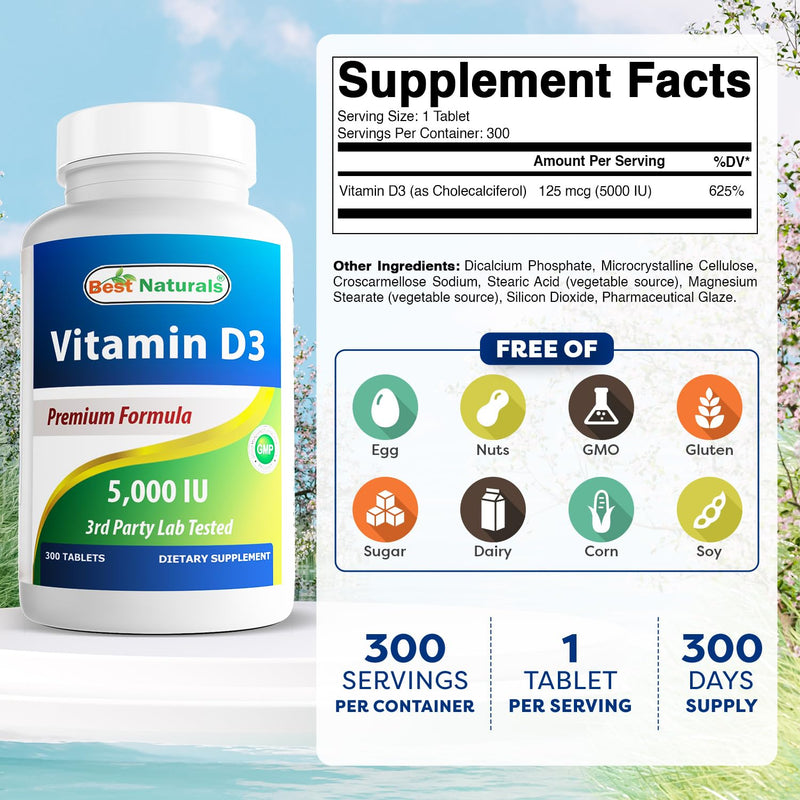 Best Naturals Vitamin D3 5000 IU – 300 Tablets – Made in USA, Non-GMO, Gluten Free, No Artificial Color, Flavor or Preservatives – Dietary Supplement 300 Count (Pack of 1)