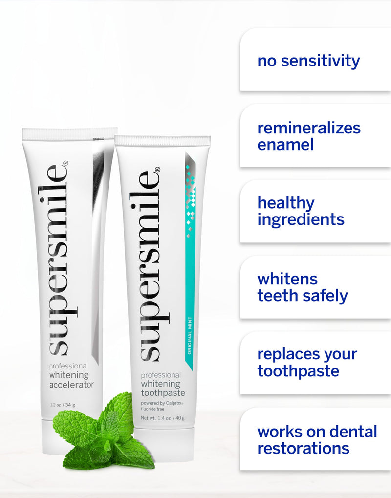 Supersmile Fluoride-Free Whitening System, 1.4 Oz Travel Size, TSA-Approved | Toothpaste + Accelerator Travel Duo, Whitens 6 Shades in 7 Days, Original Mint, Veneer Safe, Calprox® Powered