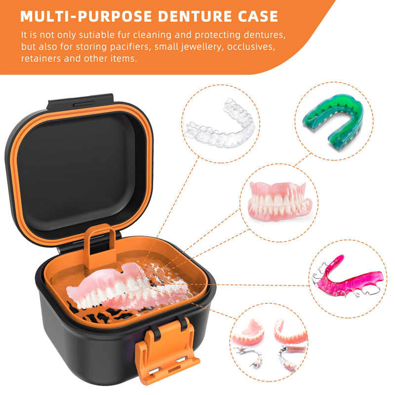 ARGOMAX Leak Proof Denture Bath Cup, Portable Soaking Denture Box, Denture Bath Case with Strainer, for Dentures and Braces (Black + Orange). Black Shell + Orange