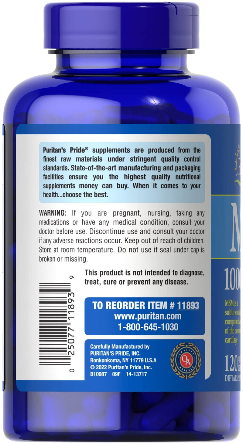 [Australia] - Puritan's Pride Joint Support Formula MSM Rapid Release Capsules, 1000 mg, 120 Count 