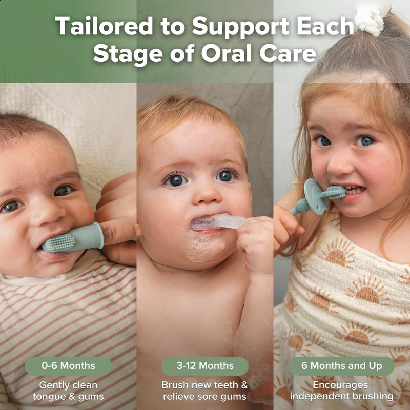 [Australia] - haakaa Training Toothbrush Set Oral Care Kit, Soft Silicone Toothbrush for Baby, Infants, Toddlers & Kids, Pea Green 