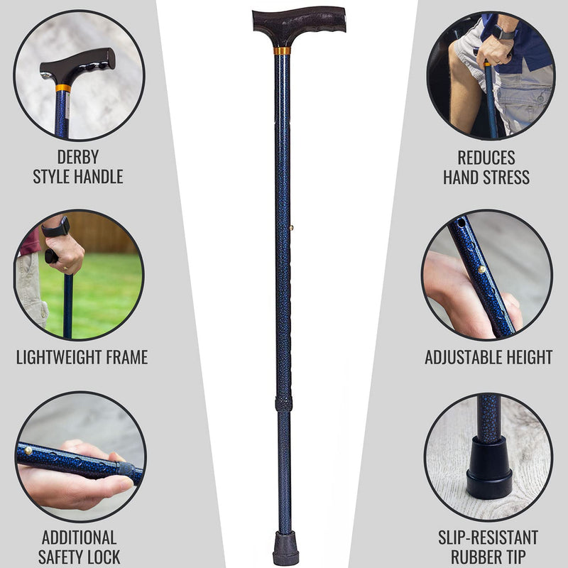 [Australia] - DMI Lightweight Aluminum Adjustable Walking Cane with Derby-Top Handle, Woodgrain Blue Ice 