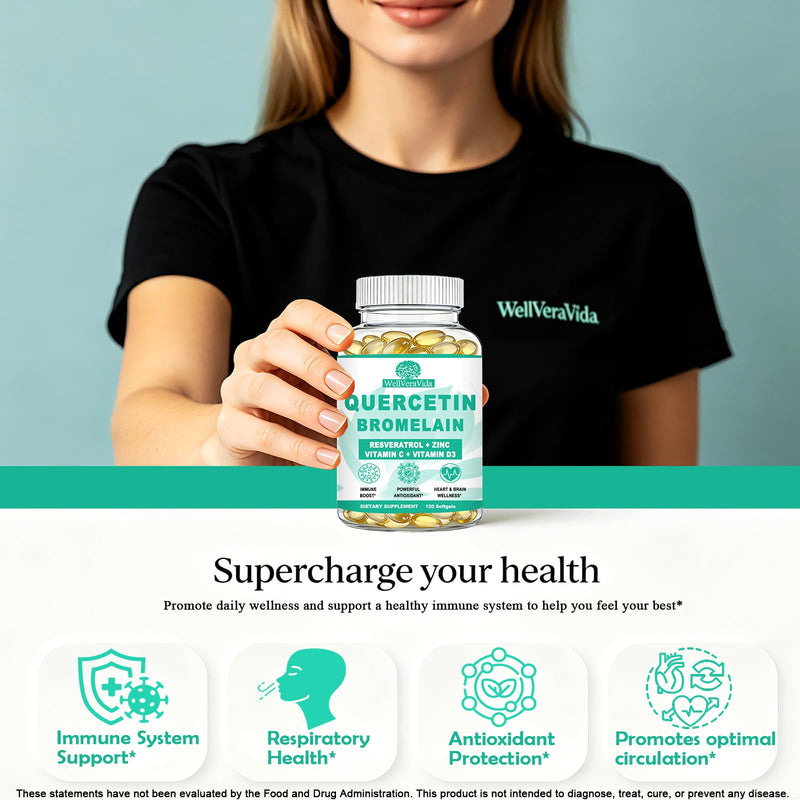Quercetin with Bromelain, Extra Strength Quercetin 1000mg & Bromelain 500mg | with Zinc Vitamin C & D3, Healthy Immune System & Seasonal Allergy Health for Women Men, Liposomal Quercetin Phytosome, 120Ct