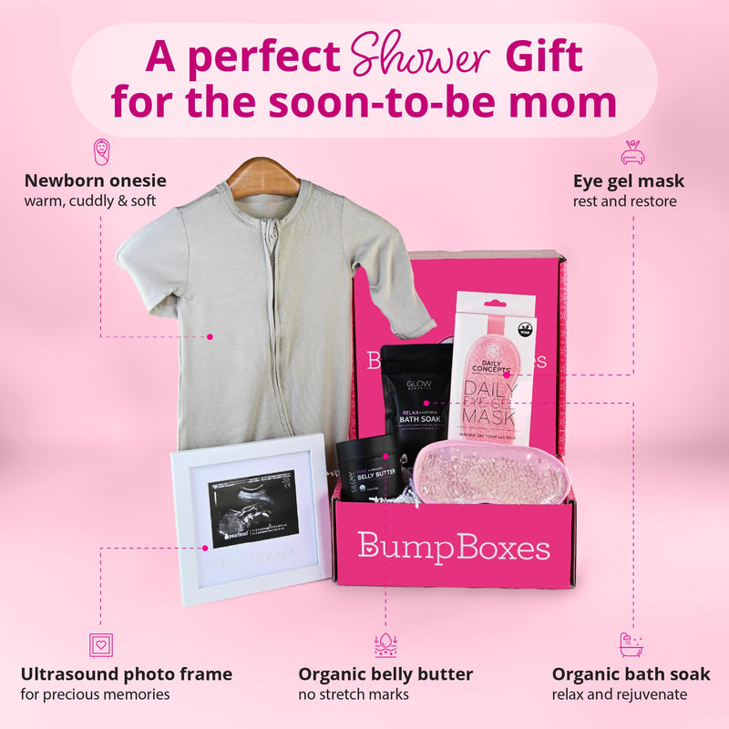 [Australia] - Bump Boxes 2nd Trimester Gift Set, Complete Pregnancy Care Package with Belly Butter, Bath Soak, Baby Footed Sleeper, Sonogram Frame and Eye Mask 