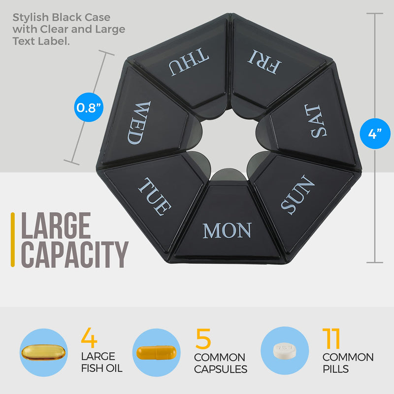 Weekly Pill Organizer - (Pack of 4) 7-Day Pill Container - Arthritis Friendly Portable & Compact Travel Case Daily Compartment Medicine Pills Box for Supplements, Medication, Vitamins and Fish Oils