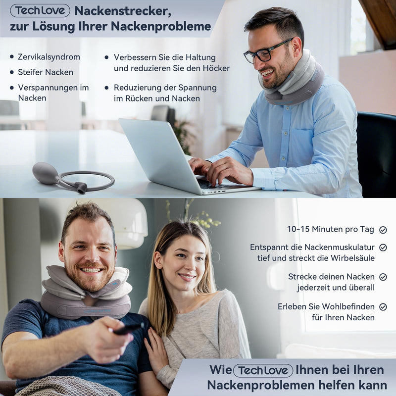 [Australia] - Tech Love Adjustable neck stretcher, inflatable neck brace for humans with removable air pump, for pressure relief in the cervical spine, provides neck support, neck saver for at home and on the go. Gray 