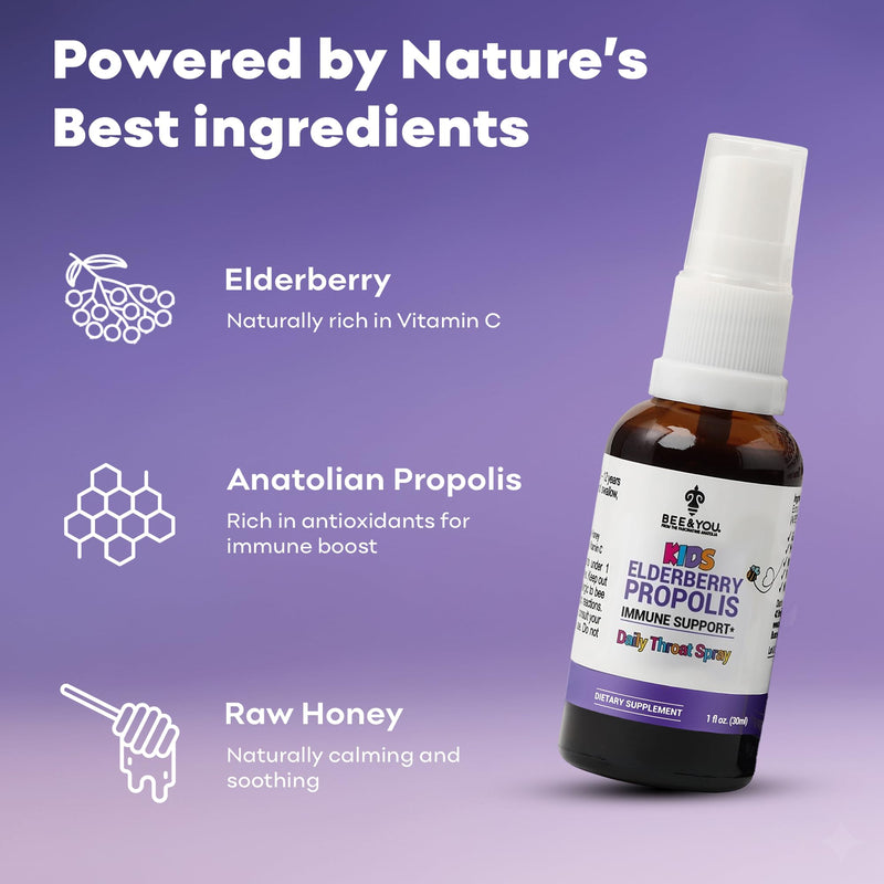Bee and You Kids Throat Spray with Propolis and Elderberry, Immune Support Supplement for Kids, Kids Vitamins, Immune Defense Spray, 1 fl oz.