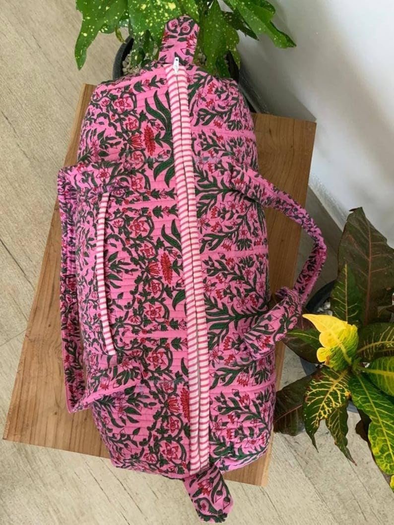 Yille Handmade Cotton Block Print Duffle Travel Bag Gym Yoga Bag,Quilted Bag Everyday use Gift for Someone Special Occasionally (Pink Temple) Pink Temple