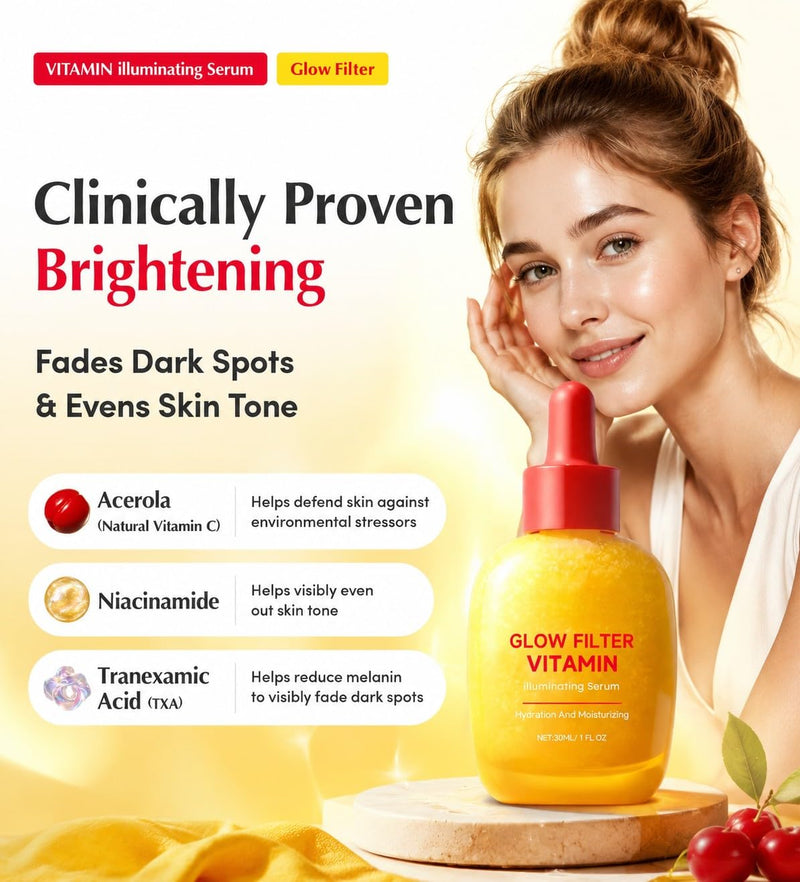 2PCS Glow Filter Vitamin Illuminating Serum | Hydration & Moisturizing Face Serum | Brightening Vitamin C & Hyaluronic Acid for Radiant Glow | Dark Spot & Uneven Tone Care, 1 Fl.Oz (30ml)