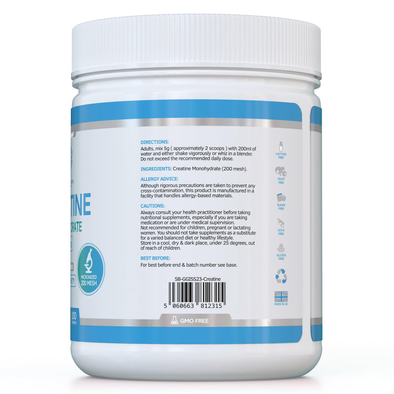 Creatine Monohydrate Powder - 500g (100 Servings) | Ultra Micronized 200 Mesh for Superior Absorption | Pure & Unflavoured | for Muscle Strength & Recovery - Absolutely Nothing Added, Vegan & UK Made