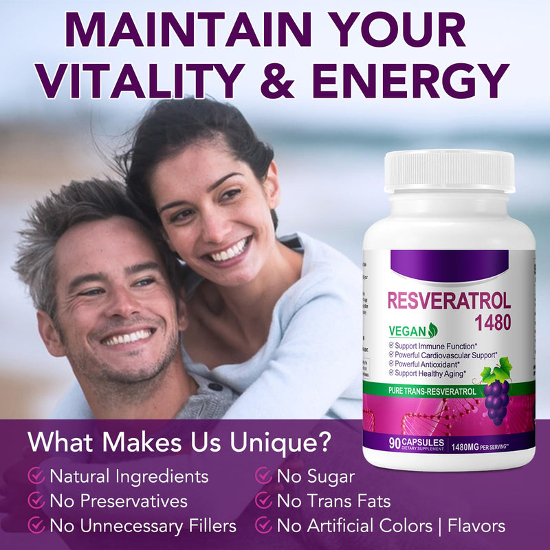 Resveratrol Supplement 1480mg, 90 Capsules High-Potency Trans-Resveratrol Supplement for Heart, Skin, and Anti-Aging Antioxidant
