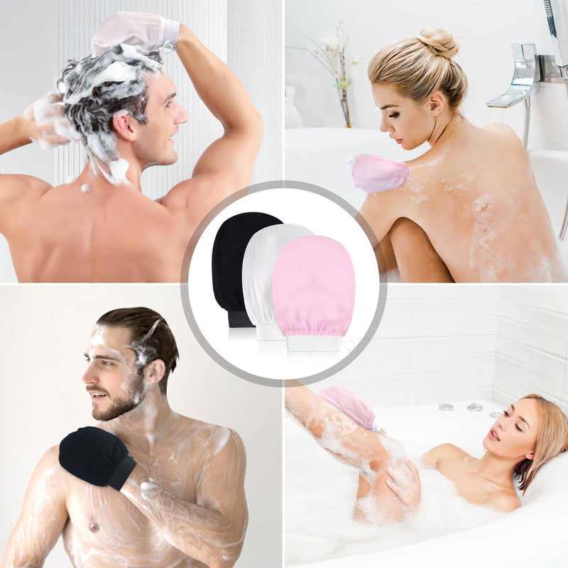 [Australia] - Soodyoow 3 pieces exfoliating gloves, peeling gloves, peeling gloves, bathing gloves, exfoliating gloves for skin massage, removing dead skin, for women and men (black, white, pink) 3 pieces (black, white, pink). 
