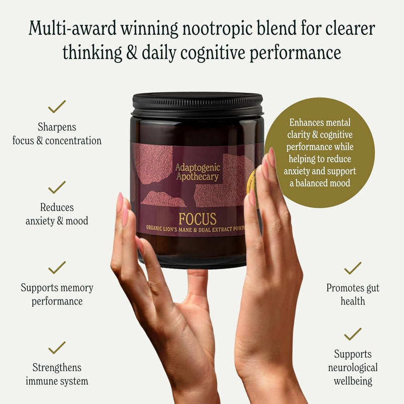 Focus – Premium Lion's Mane Powder, Whole-Mushroom Fruiting Body & Dual Extract | 2,000mg per 2g Serving | 60g Glass Jar | UK-Made, Vegan, Gluten Free
