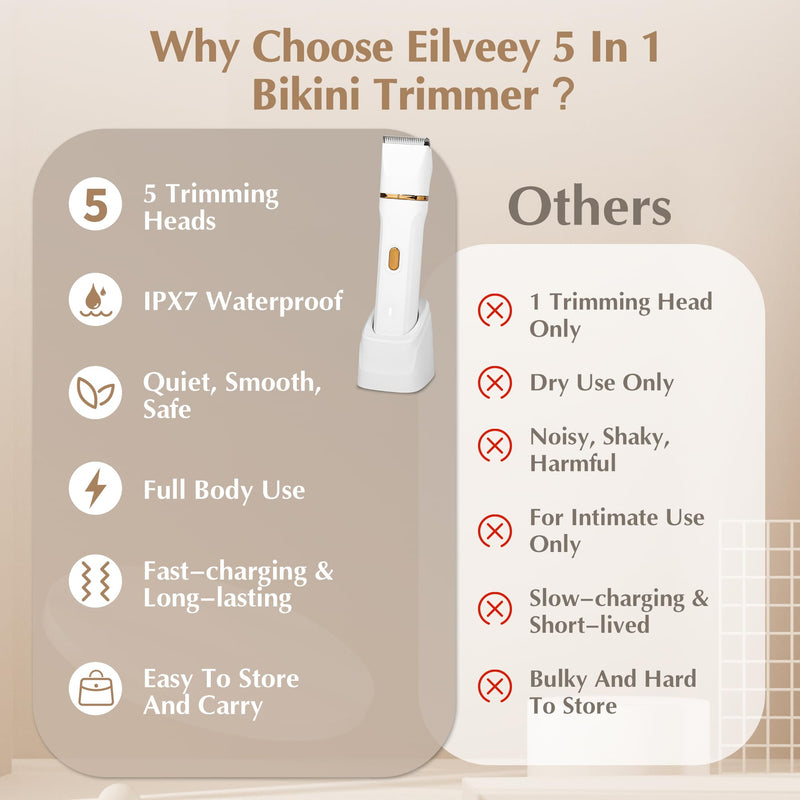 [Australia] - Electric Bikini Trimmer for Women - 5 in 1 Rechargeable Electric Razors for Women, IPX7 Waterproof Pubic Hair Trimmer, Painless Womens Body Shaver, Facial Razor & Nose Hair Shaver, White 