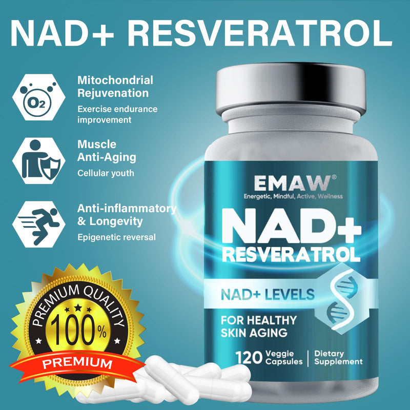 NAD+ Supplement, High Purity NAD+ & Resveratrol Complex for Energy & Anti Aging, Metabolism & Brain Boost for Men & Women, 120 Capsules 120 count (Pack of 1)