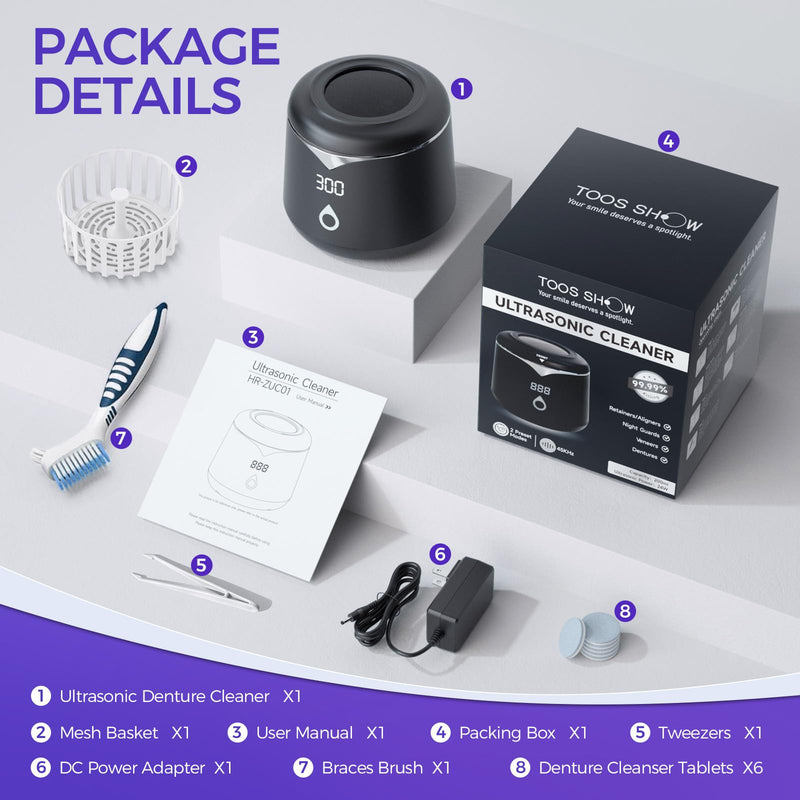 [Australia] - Ultrasonic Retainer Cleaner, 45kHz Denture Cleaner Machine, 5min and 10min Modes, 200ml Dental Cleaning Pod, MouthGuard Cleaner for Aligner Jewelry EPA Est. No.104222-CHN-1 