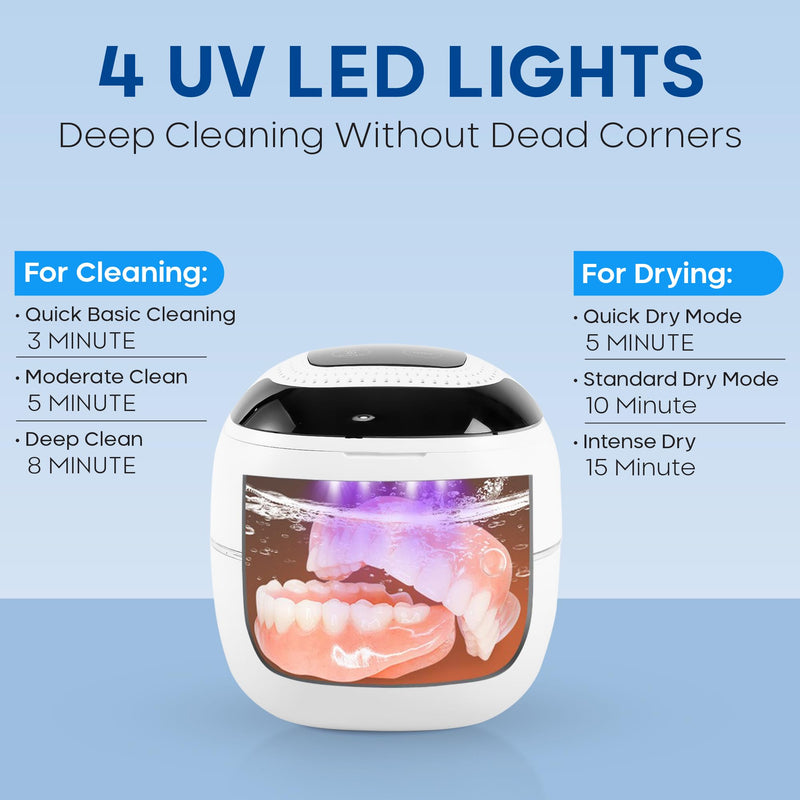 [Australia] - Ultrasonic Retainer Cleaner with Dryer Fan, 45kHz, 3 Cleaning & Drying Modes, 180ml Capacity – Ideal for Retainers, Aligners, Night Guards, Braces, Toothbrushes, & Jewelry (White) White 
