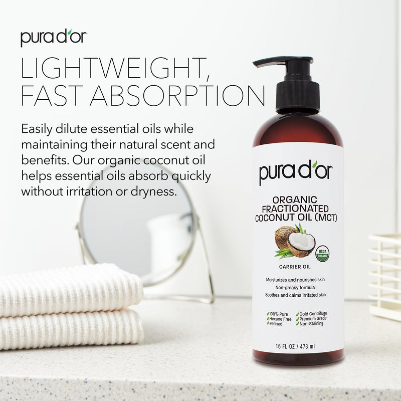 [Australia] - PURA D'OR 16 Oz ORGANIC Fractionated Coconut Oil - MCT Oil - 100% Pure & Natural USDA Certified Cold Pressed Carrier Oil - Unscented, Hexane Free Moisturizer For Face, Skin & Hair Tonic - Men & Women 