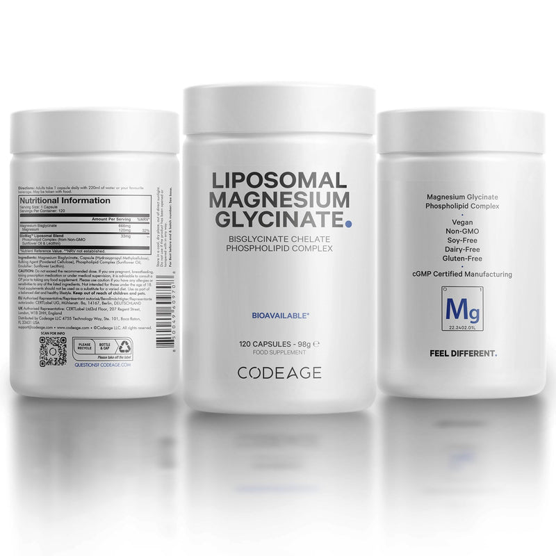 Codeage Liposomal Magnesium Glycinate Supplement, 4-Month Supply, Bisglycinate Magnesium Chelate, Chelated Magnesium Mineral Capsules, Bioavailable Non-GMO Vegan Gluten-Free, 120 Capsules