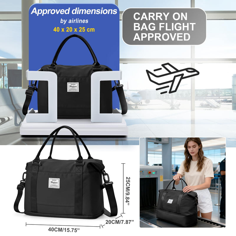 Travel Duffel Weekender Bag Women Tote Carry On Bags With Shoe Compartment | 18x14x8 inches Travel Overnight Bags with Trolley Sleeve for Airplanes Sport Tote Gym for Men Lightweight Daypack Black..