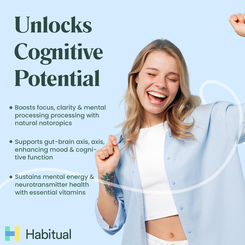 Habitual Brain Boost Complex | Nootropic Supplement with Ashwagandha, Ginkgo Biloba & Vegan Omega-3 | Focus, Memory & Mood Support | 7 B Vitamins, Zinc & Vitamin D | Vegan & Gluten-Free Capsules