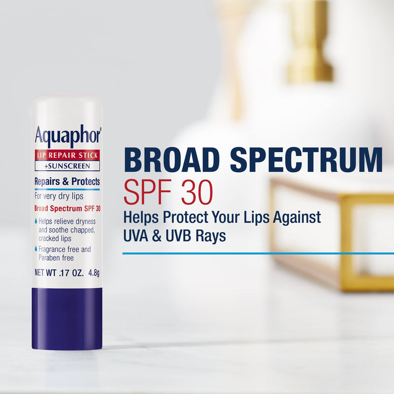 Aquaphor Lip Repair Stick with Sunscreen, Lip Protectant, Soothes Dry Chapped Lips, 0.17 Oz Stick, 2 Count (Pack of 2)