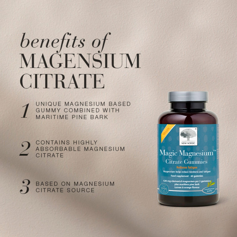 New Nordic Magic Magnesium Citrate Gummies with Maritime Pine Bark Extract, 1 Month Supply, Lemon & Orange Flavour, 60 Count (Pack of 1) 60 count (Pack of 1)