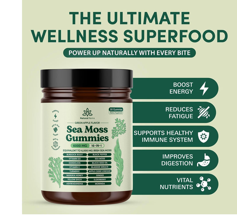 Natural Rems Sea Moss Gummies 16-in-1 - Ashwagandha Black Seed Oil Bladder Wrack Turmeric Vitamin C & D3 with Manuka Burdock Root Dandelion Yellow Dock Elderberry Apple Cider Vinegar (Green Apple)