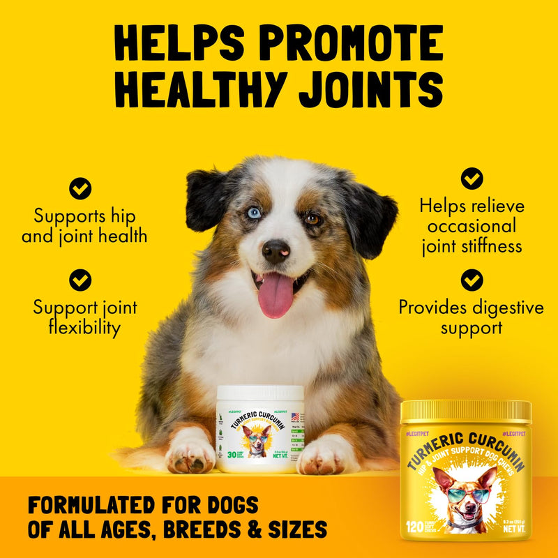 Turmeric Curcumin Hip & Joint Dogs Supplement Anti-Inflammatory Support for Arthritis & Mobility with Collagen & BioPerine Pain Relief Antioxidant Digestive Cardiovascular and Liver Health 120 Chews 1 Count (Pack of 120) - PawsPlanet Australia