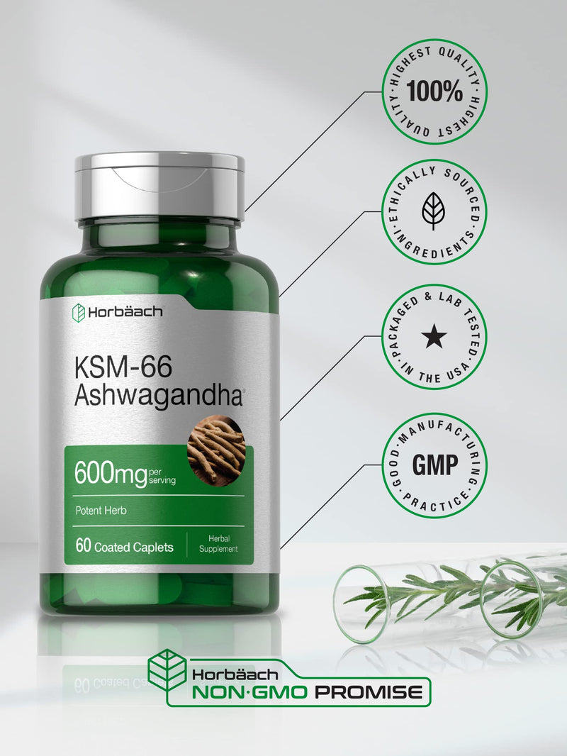 [Australia] - Horb√§ach KSM-66 Ashwagandha Supplement Caplets | 600mg | 60 Pills | with L-Theanine | for Women and Men | Vegan, Non-GMO, Gluten Free Complex Supplement 60 Count (Pack of 1) 