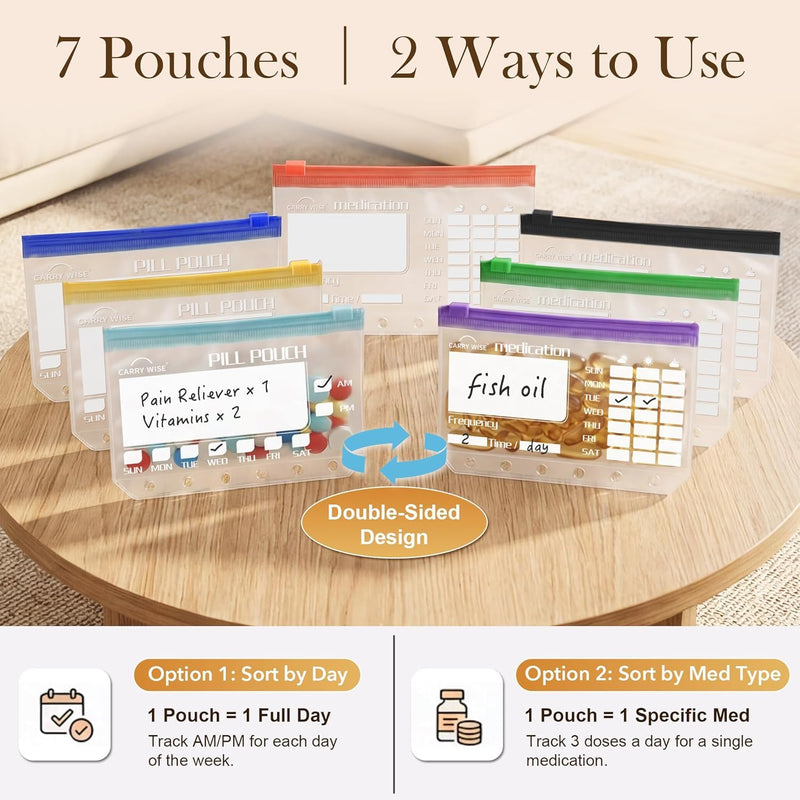 7 Pcs Pill Pouches for Travel, Reusable Pill Bags Set, Large Self Sealing Medicine Bags, Double-Sided Write-On Label, Binder-Ready Hole Design, 3.38 x 5.2 Inch 1