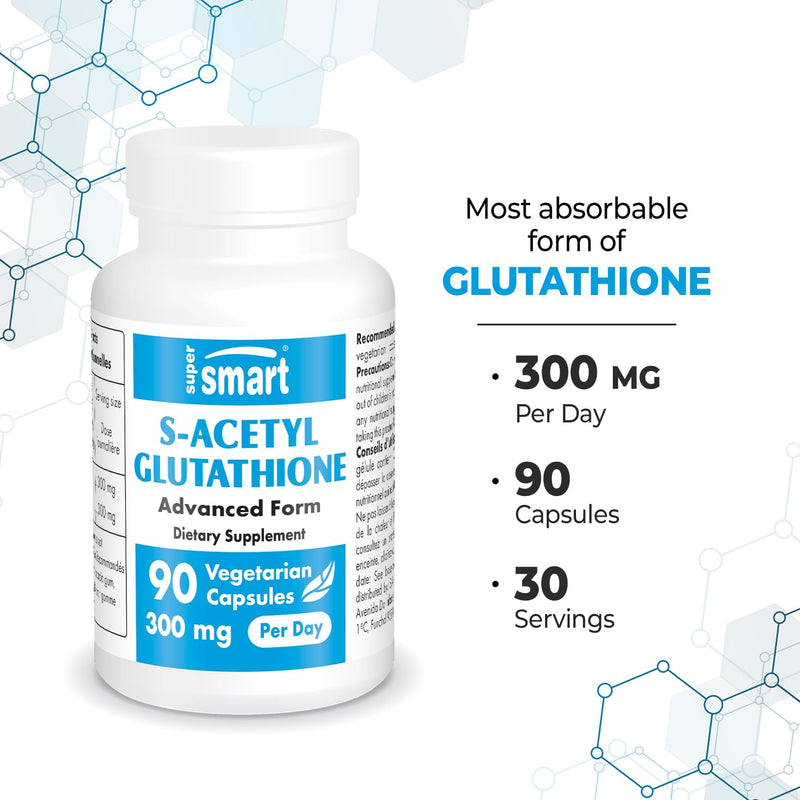 Supersmart S-Acetyl Glutathione 300mg per Day (High Absorption) - Stable Form of L-Glutathione Tripeptide - GSH Supplement | Non-GMO & Gluten Free - 90 Vegetarian Capsules